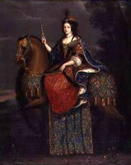 Portrait of Queen Marie Casimire in coronation robes on horseback.